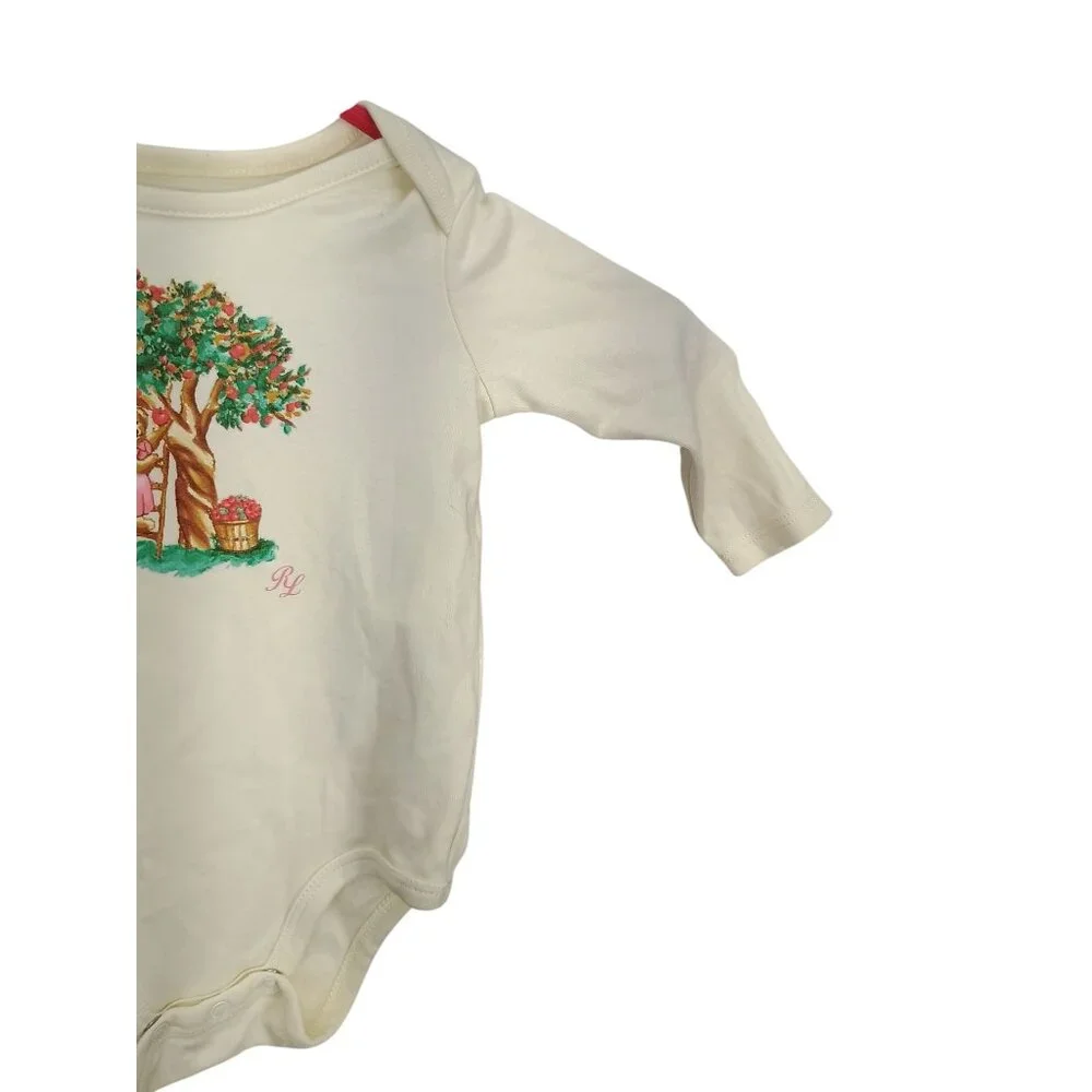 Ralph Lauren Baby White Long Sleeve Onesie With‎ Bear & Tree Print